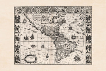 1630 Americas Map Poster - Americae Nova Tabula with Key Cities and Cultural Attire