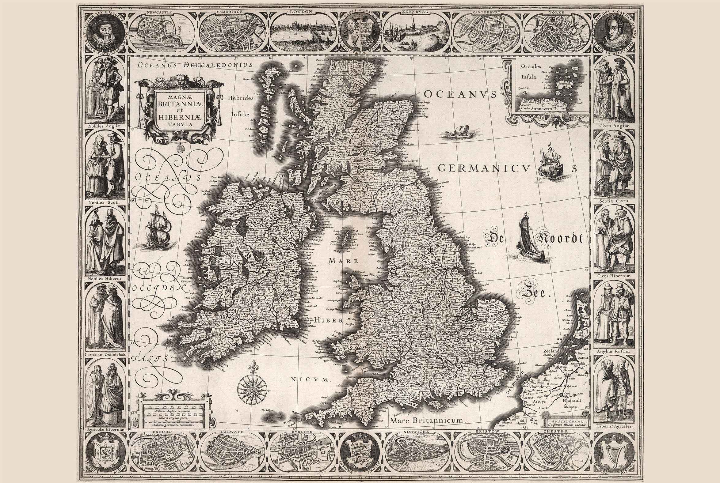 1630 British Isles Antique Map Print - Historic Cities & Traditional Regional Dress Illustration - Strategy Maps