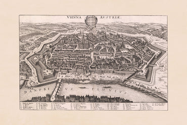 Carte de Vienne de 1649 par Matthäus Merian – Gravure ancienne de la ville d’Autriche pour décoration murale