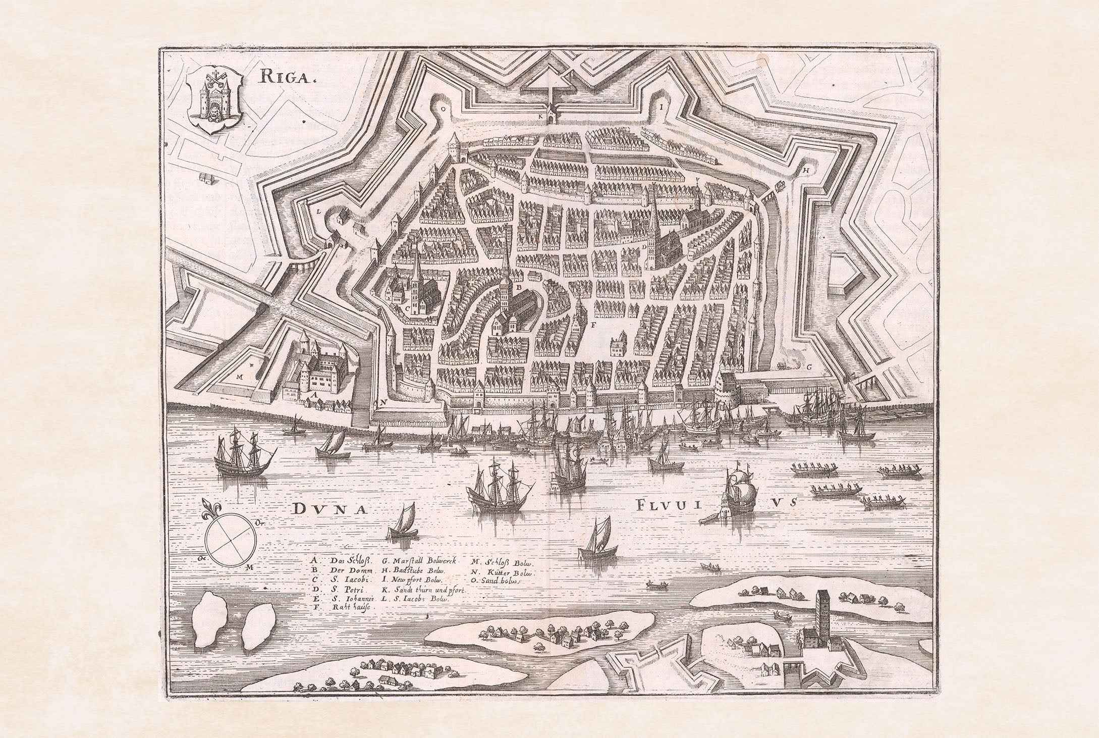 1652 Riga Map Poster - Panoramic City Plan with Star Fortifications, Harbor Ships and Urban Layout - Strategy Maps