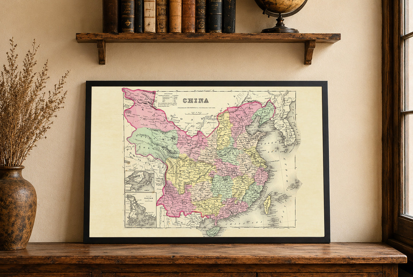 Impression cartographique de la Chine de 1856 - Carte vintage avec divisions provinciales et détails d'atlas