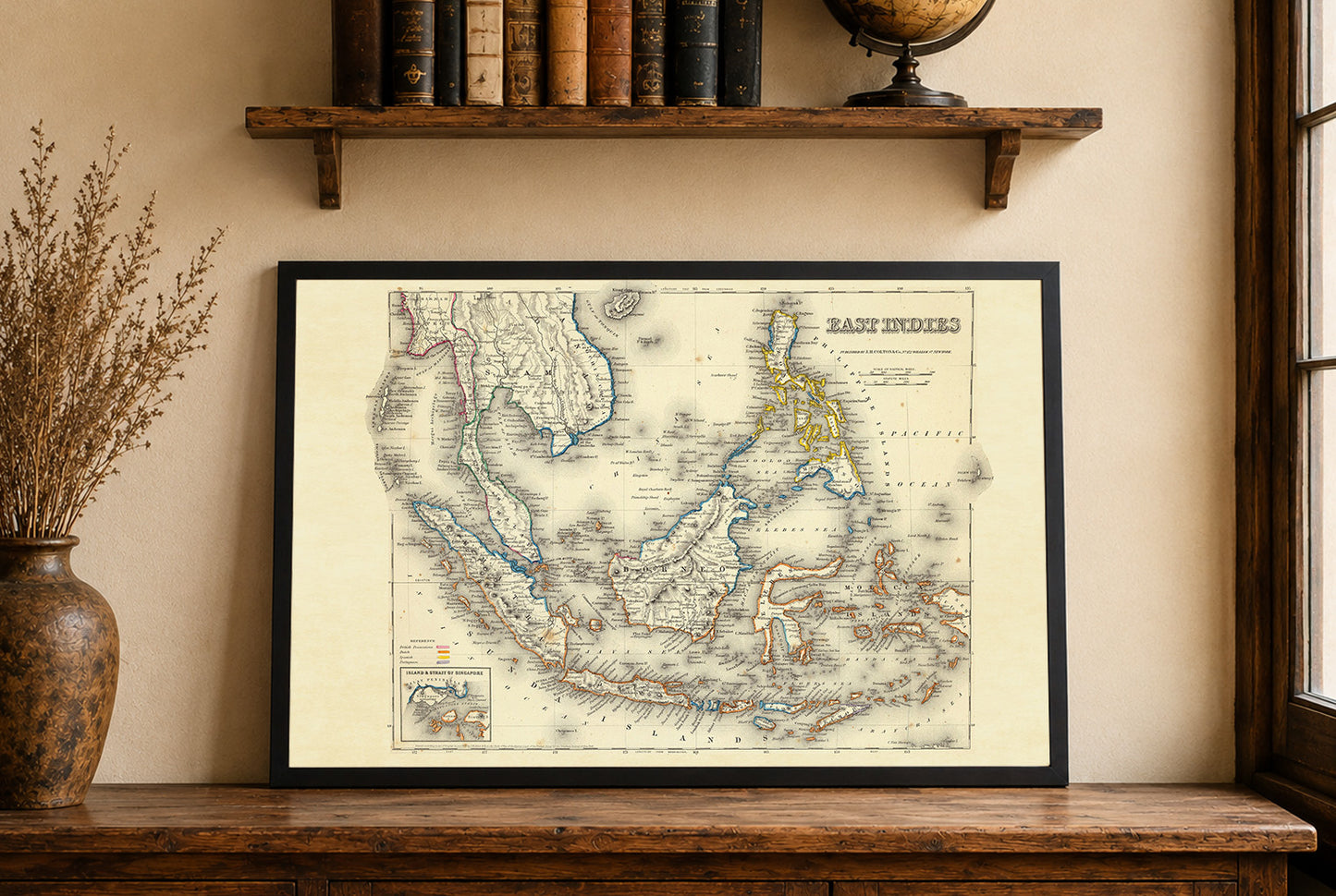 Gravure cartographique des Indes orientales de 1856 - Carte ancienne avec les frontières coloniales