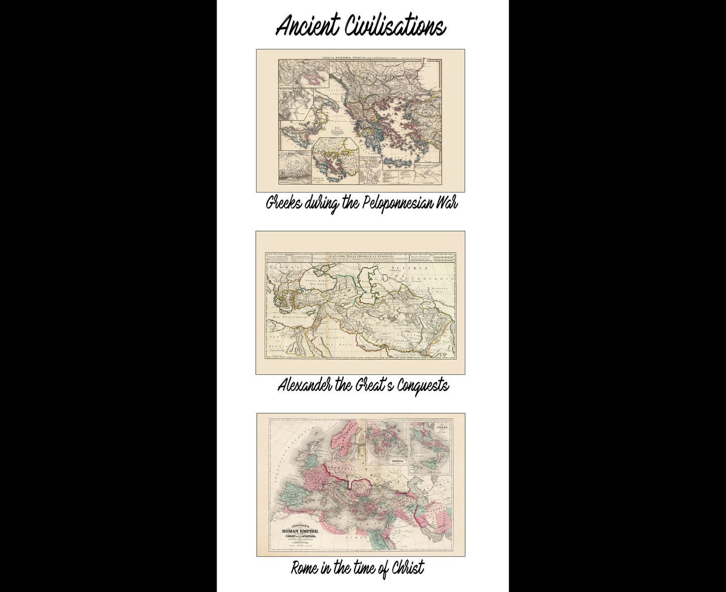 Póster de mapa de civilizaciones antiguas - Grecia, Alejandro Magno e Imperio Romano para arte de pared
