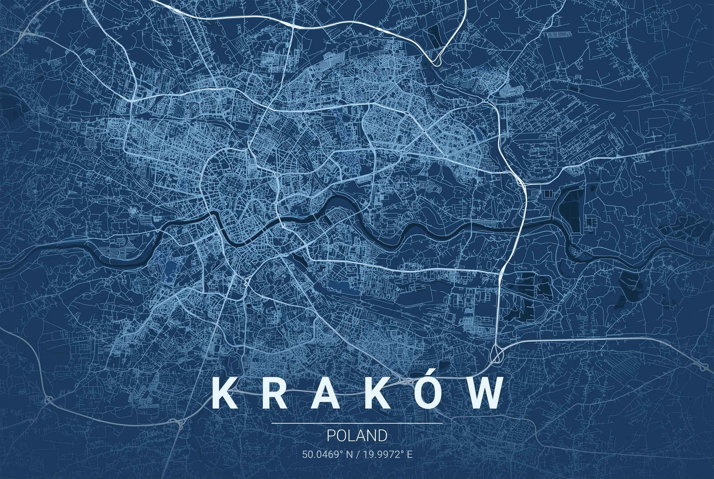 Kraków Blueprint Map - Modern City Street Wall Art - Strategy Maps