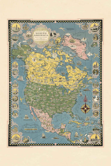 North America Pictorial Map Poster (1945) - Vintage Continental Wall Art