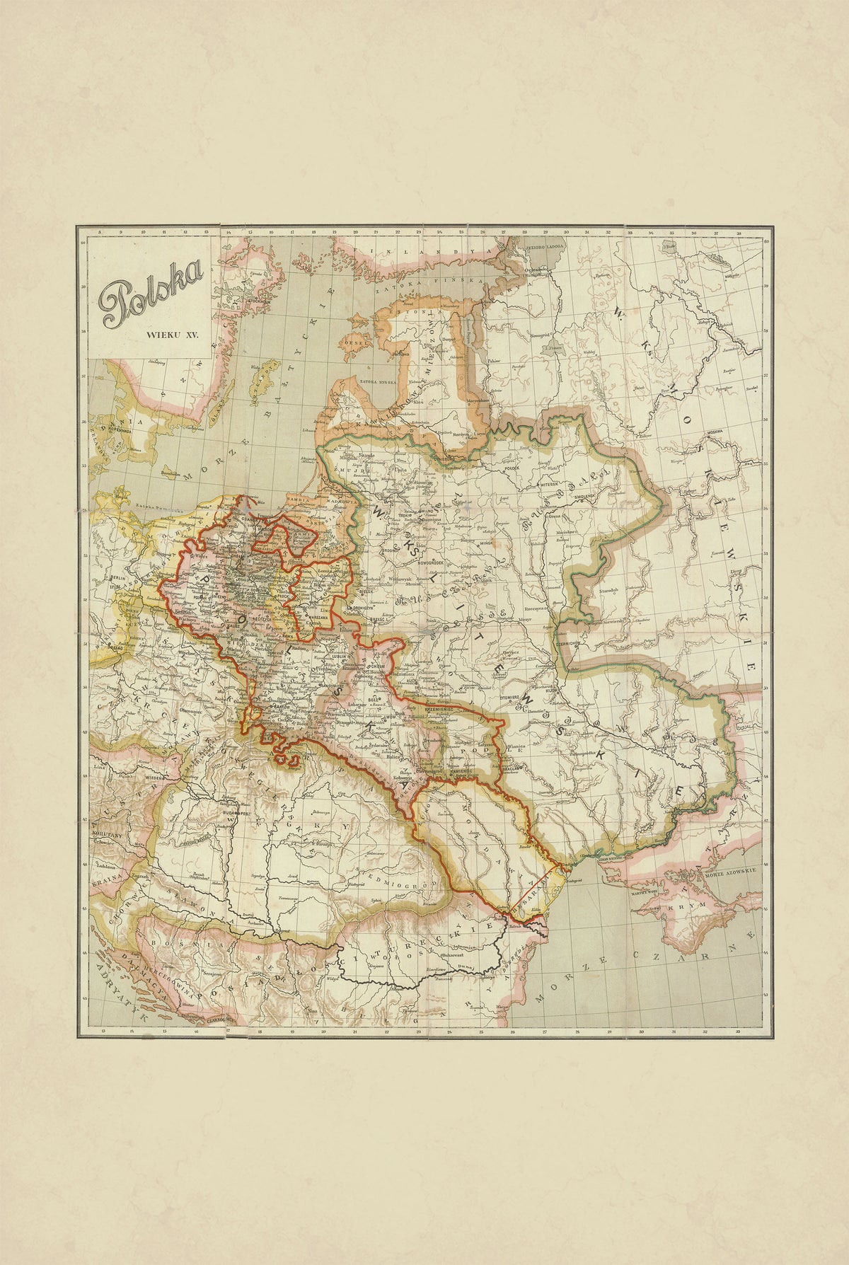 Pologne au XVe Siècle – Jan Babirecki – Affiche Carte Historique vers 1900