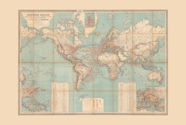 Affiche Carte du Monde Vintage - Vapeurs & Câbles Télégraphiques, 1889 | Chatelain