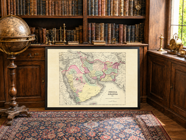 Affiche carte de la Perse et de l'Arabie de 1856 – Régions coloriées à la main incluant l'Iran, l'Arabie et l'Afghanistan