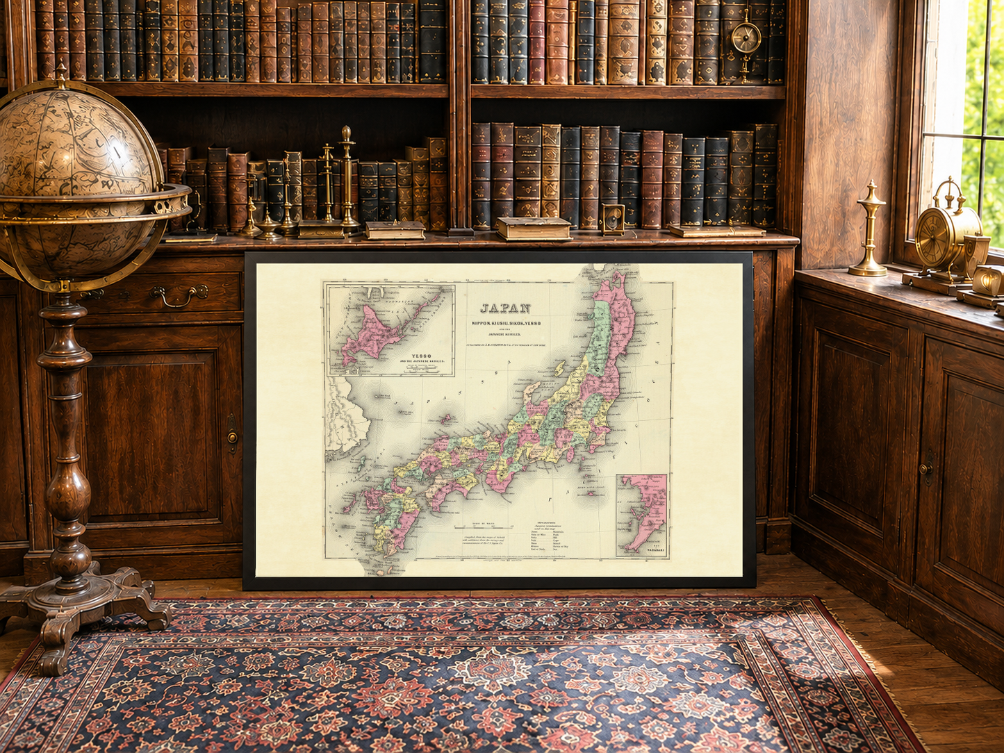 1856 Japan Map Poster - Nippon with Kiusiu, Sikok and Yesso Detail, Hand-Colored Regions