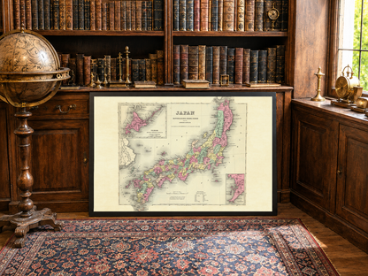 1856 Japan Map Poster - Nippon with Kiusiu, Sikok and Yesso Detail, Hand-Colored Regions