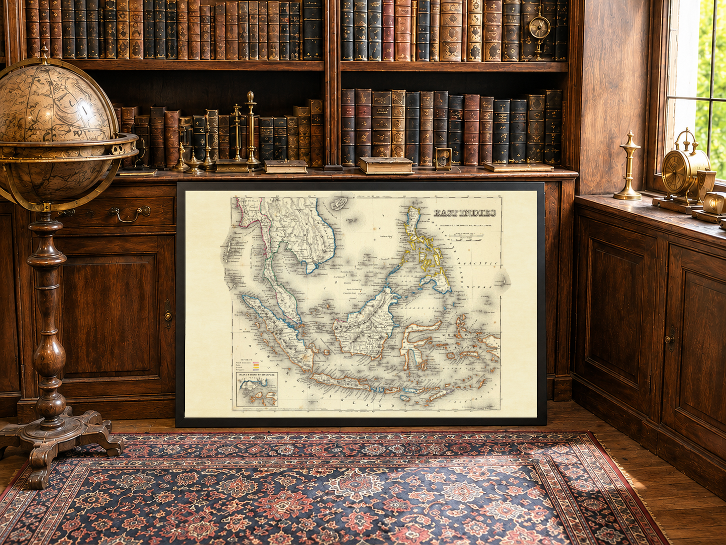 Gravure cartographique des Indes orientales de 1856 - Carte ancienne avec les frontières coloniales