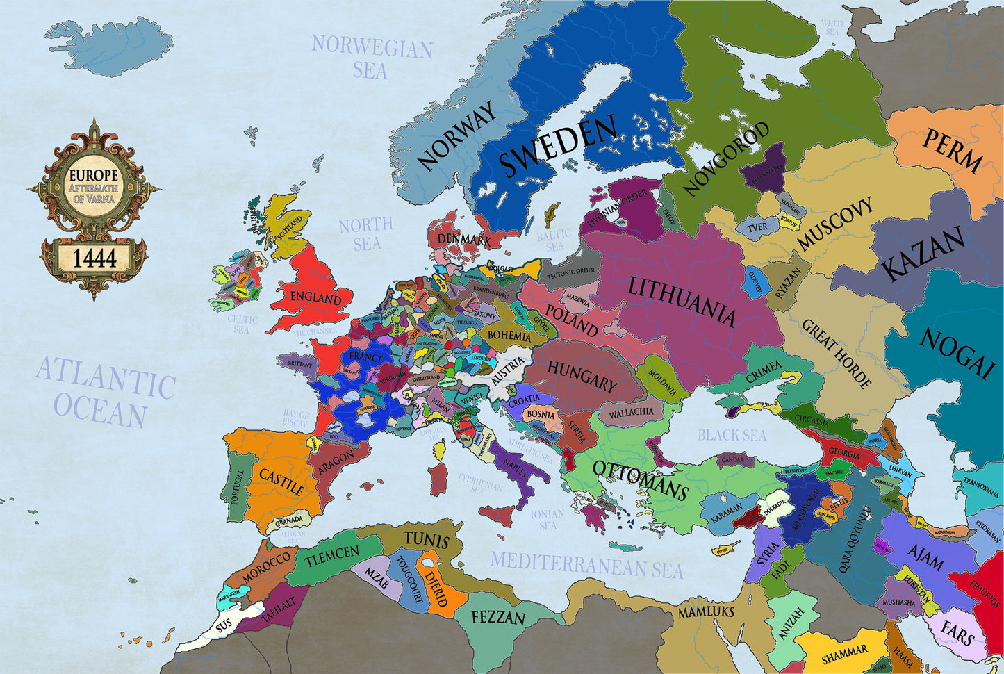 1444 Europa Karte Druck - Post-Varna Mittelalterliche Politische Karte