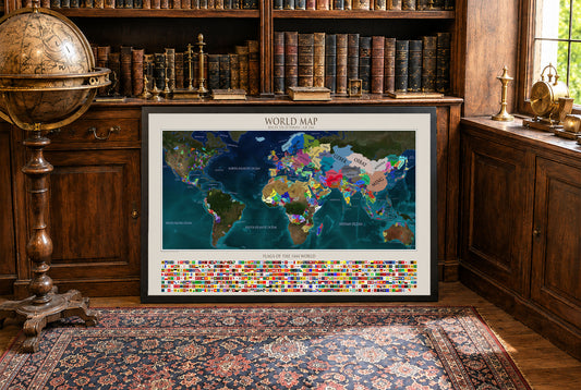 Affiche Carte du Monde 1444 - Carte Politique Historique avec Relief Naturel et Drapeaux