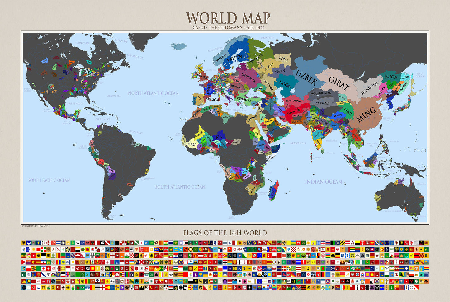 Affiche Carte du Monde 1444 - Carte Politique Historique avec Relief Naturel et Drapeaux
