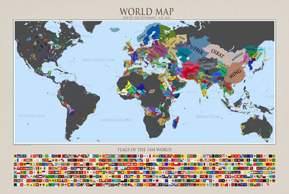 Affiche Carte du Monde 1444 - Carte Politique Historique avec Relief Naturel et Drapeaux