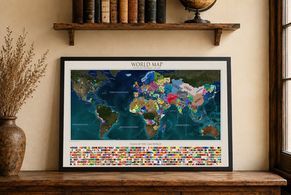 Affiche Carte du Monde 1444 - Carte Politique Historique avec Relief Naturel et Drapeaux