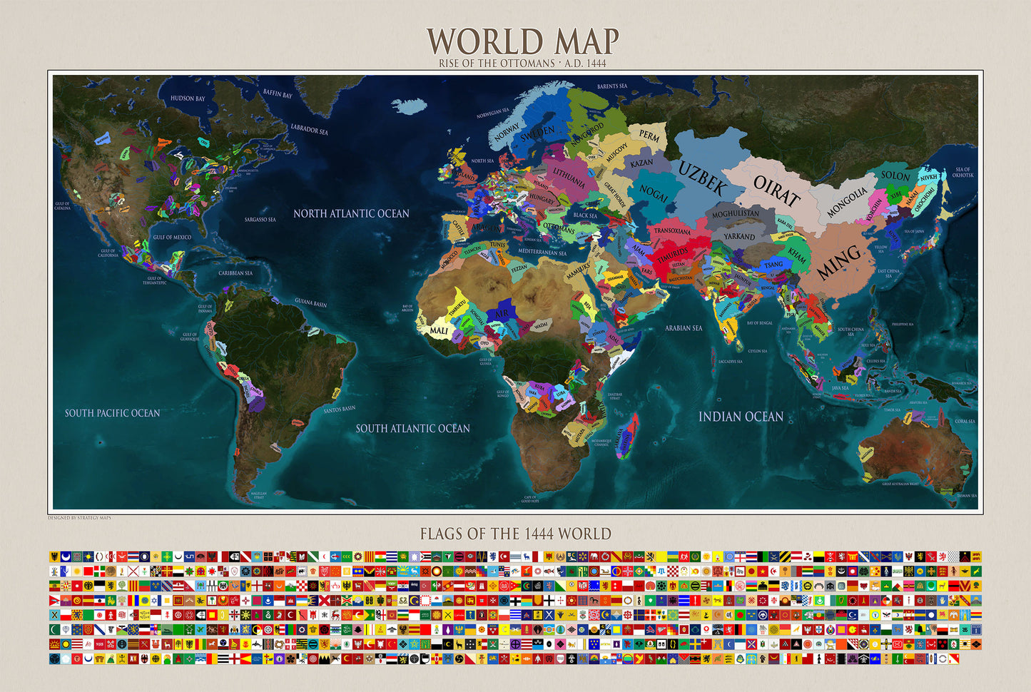 Affiche Carte du Monde 1444 - Carte Politique Historique avec Relief Naturel et Drapeaux