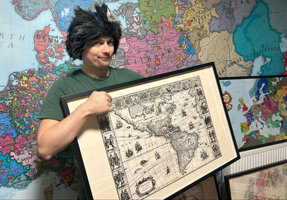 1630 Americas Map Poster - Americae Nova Tabula with Key Cities and Cultural Attire