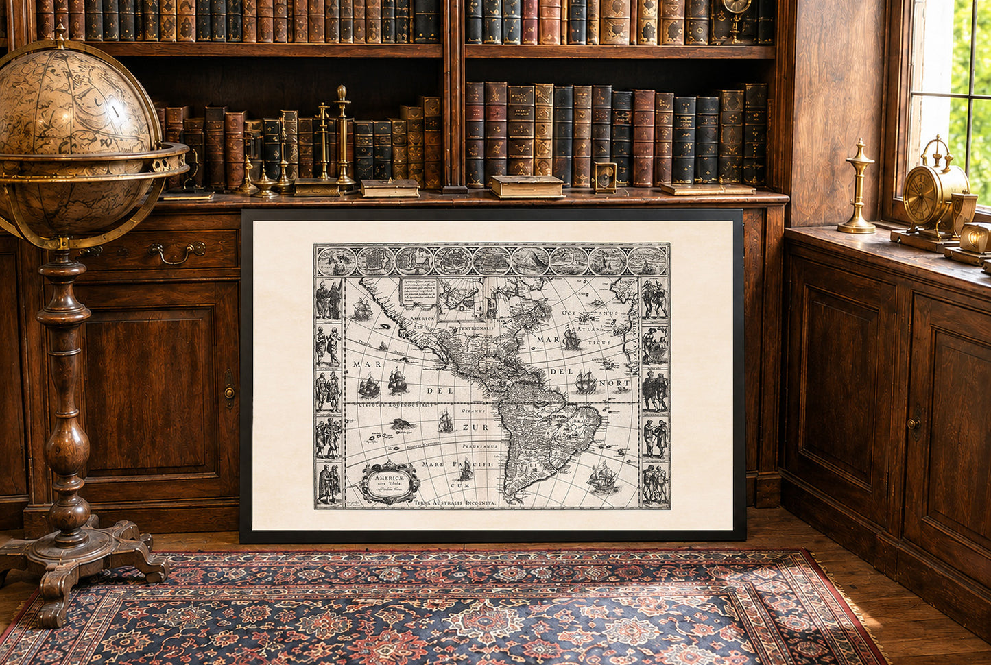 1630 Americas Map Poster - Americae Nova Tabula with Key Cities and Cultural Attire