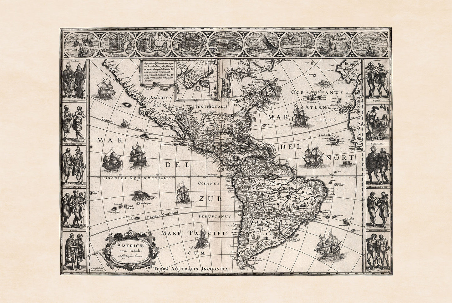 1630 Americas Map Poster - Americae Nova Tabula with Key Cities and Cultural Attire