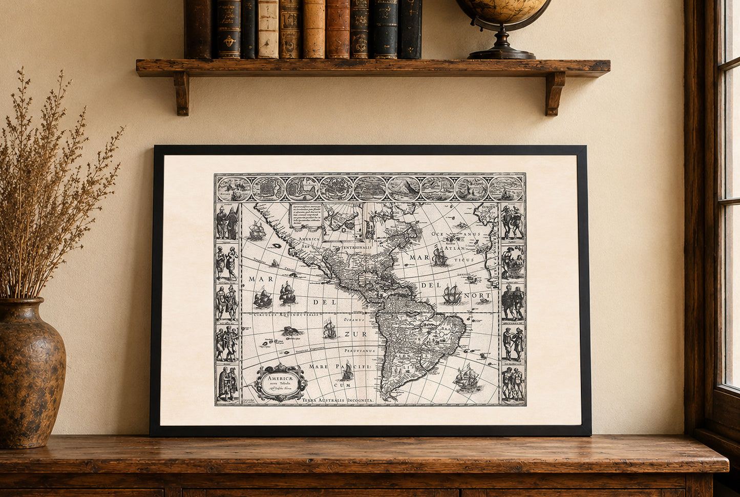 1630 Americas Map Poster - Americae Nova Tabula with Key Cities and Cultural Attire