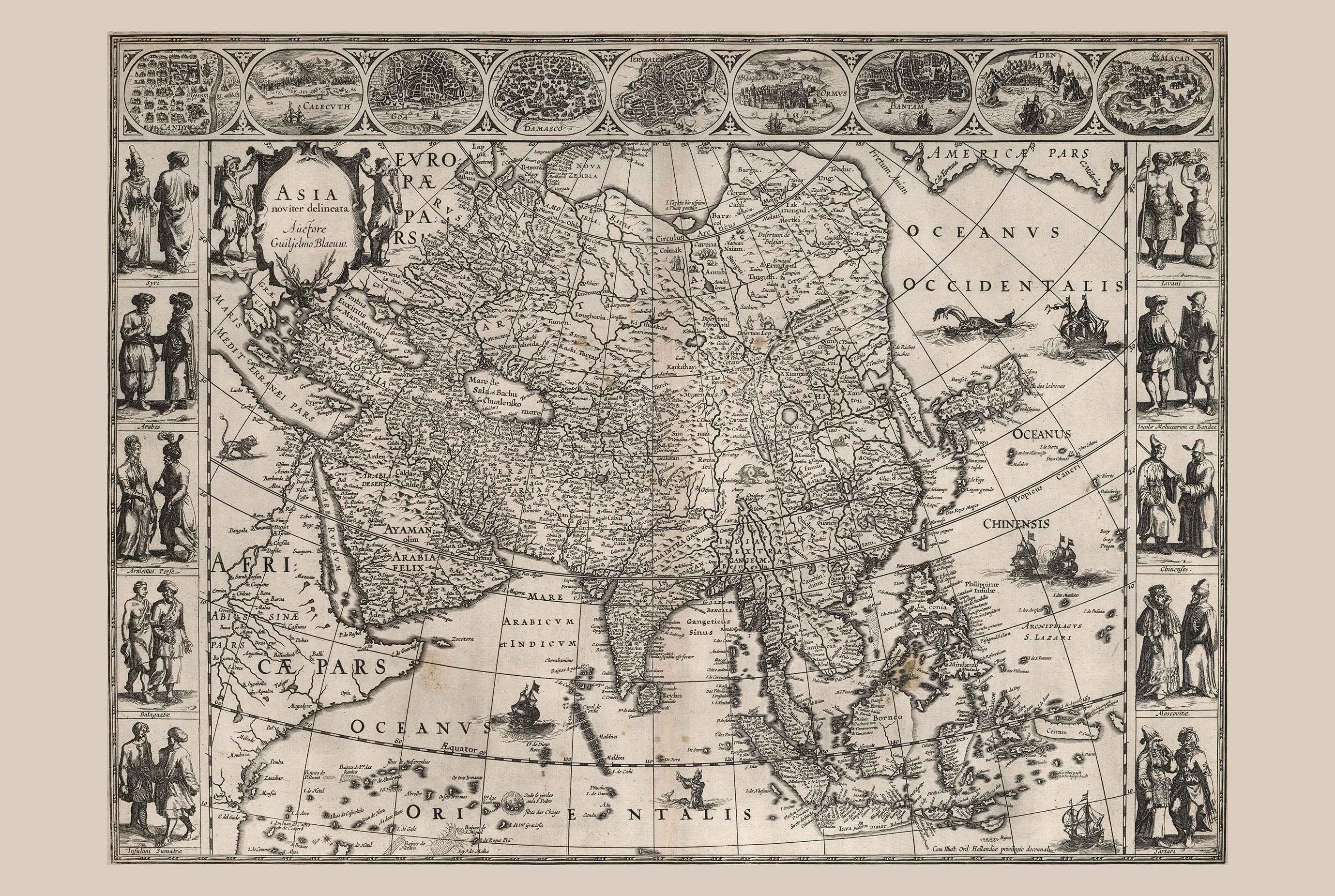 1630 Asia Map Poster - Asia Noviter Delineata with Key Cities and Cultural Attire - Strategy Maps