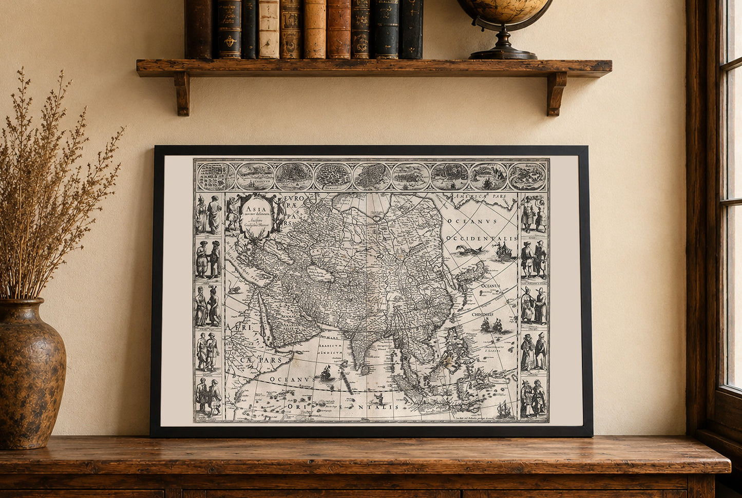 1630 Asia Map Poster - Asia Noviter Delineata with Key Cities and Cultural Attire