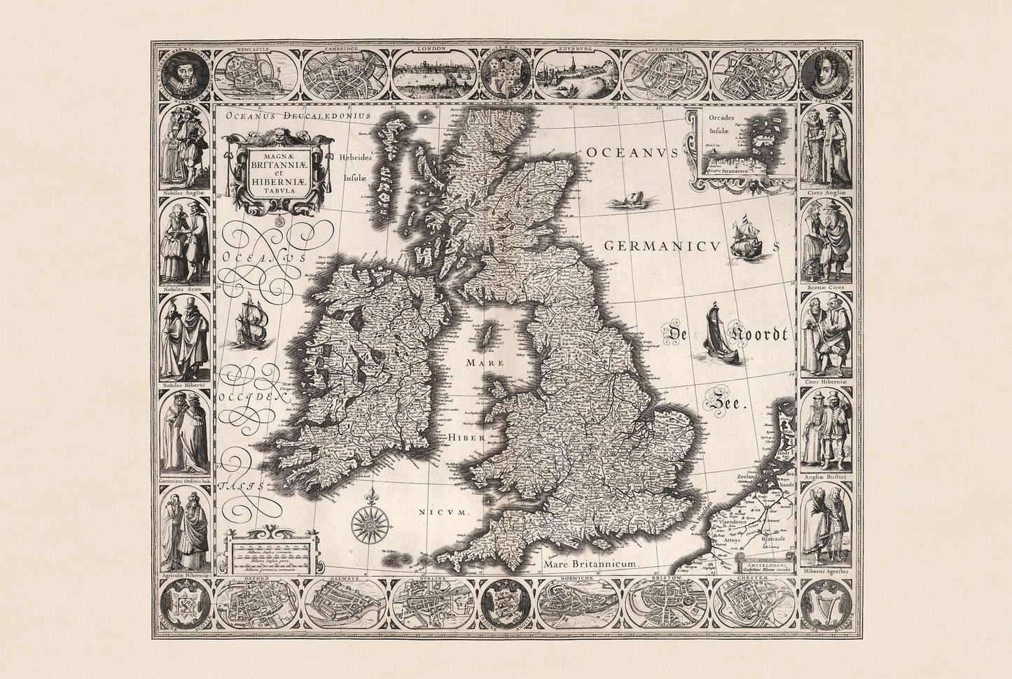1630 British Isles Map Print - Historic Cities & Traditional Regional Dress Illustration