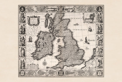 1630 British Isles Map Print - Historic Cities & Traditional Regional Dress Illustration