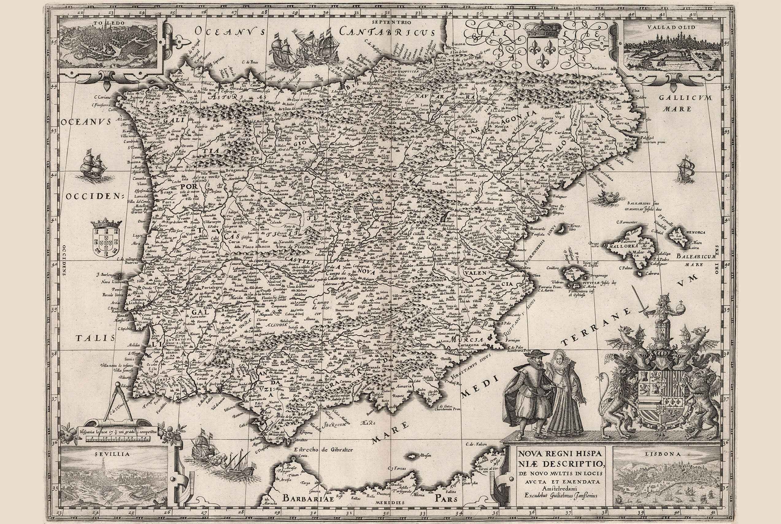 1630 Iberia Cartography Print - Vintage Map with Key Urban Centers and Period Attire - Strategy Maps