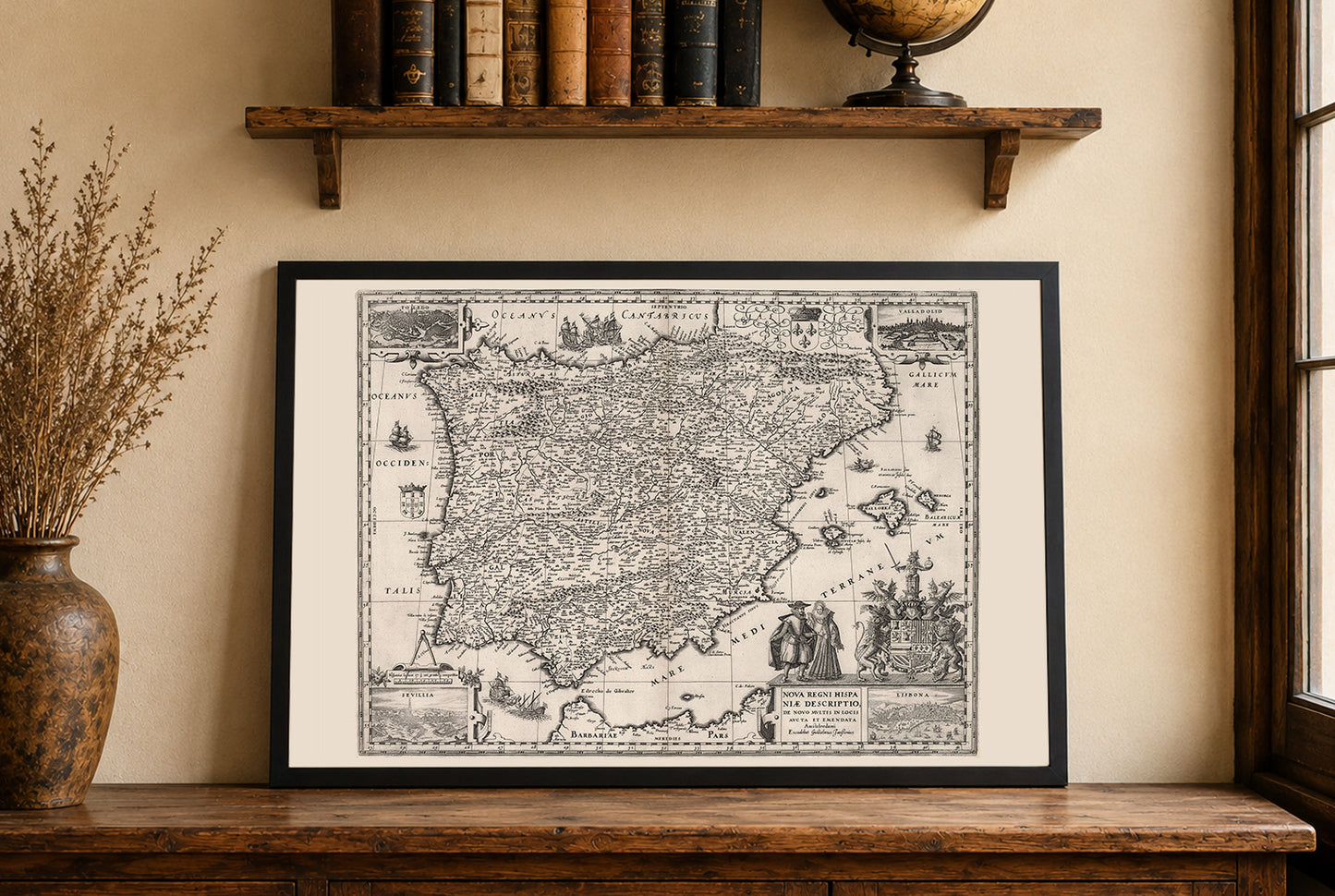 1630 Iberia Cartography Print - Vintage Map with Key Urban Centers and Period Attire