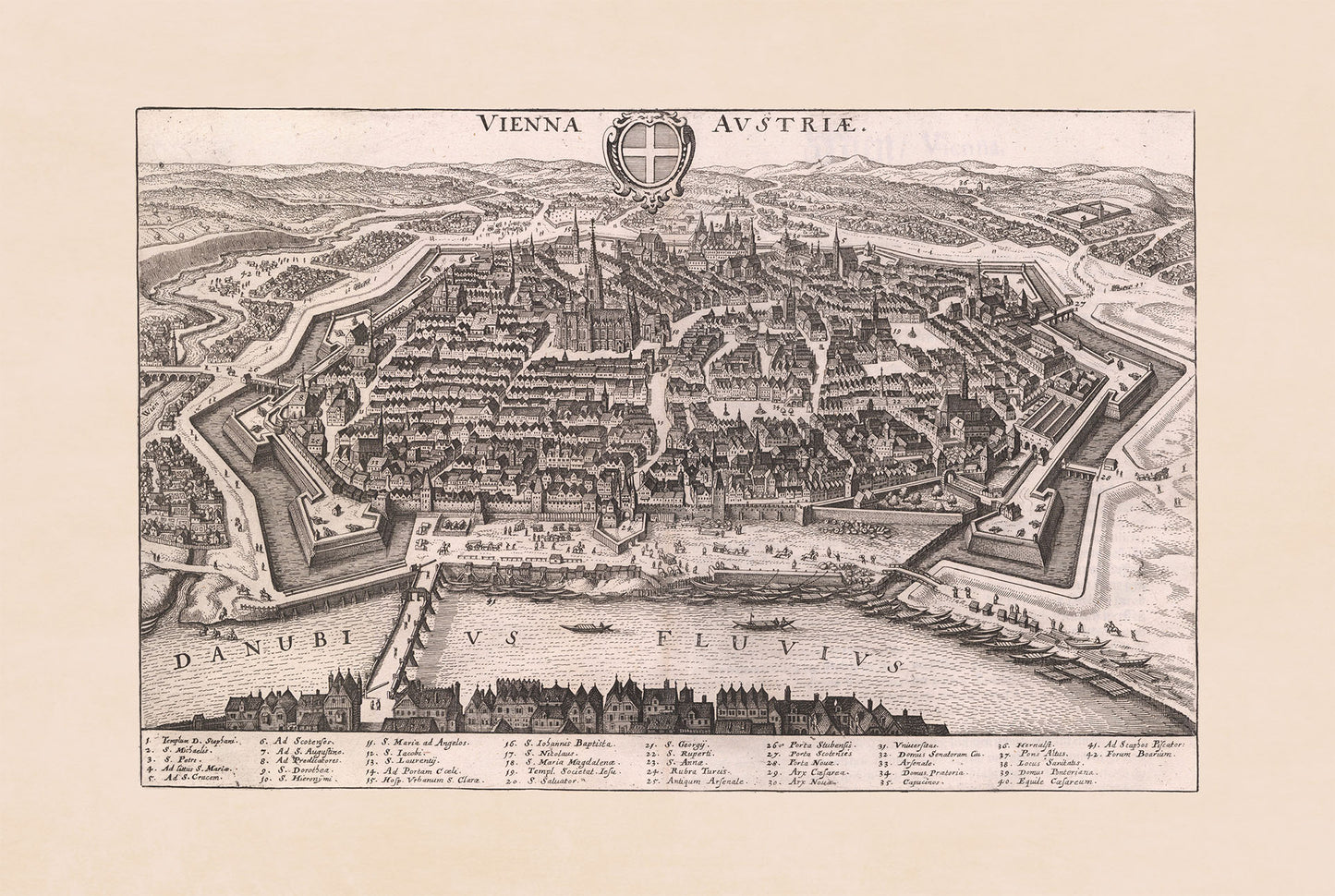 Carte de Vienne de 1649 par Matthäus Merian – Gravure ancienne de la ville d’Autriche pour décoration murale