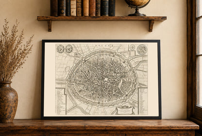 Estampe cartographique de Bruges de 1652 - Carte vintage au design urbain complexe