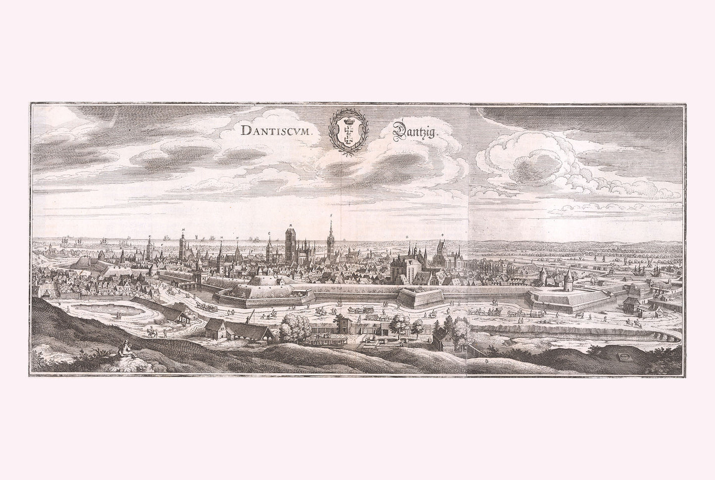 Affiche carte de Dantzig de 1652 - Plan de la ville de Gdańsk à vol d'oiseau avec fortifications et la rivière Motława