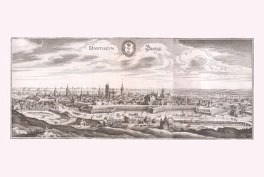 Affiche carte de Dantzig de 1652 - Plan de la ville de Gdańsk à vol d'oiseau avec fortifications et la rivière Motława