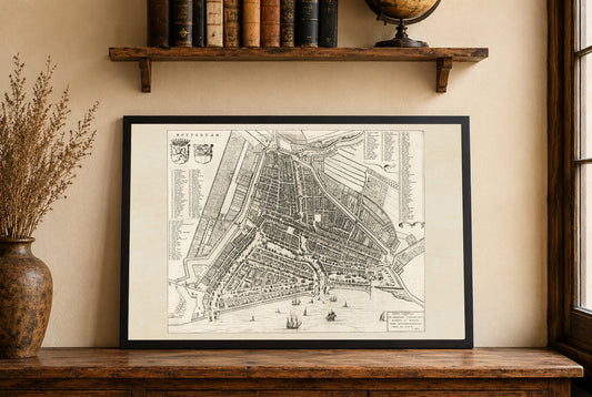 Poster mappa di Rotterdam 1652 - Pianta panoramica dettagliata della città con strade e vie d'acqua