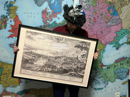 Affiche - Plan de Genève 1654 - Vue panoramique à vol d'oiseau avec le lac Léman et les principaux monuments