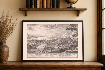 1654 Geneva Map Poster - Panoramic Bird’s-Eye View with Lake Geneva and Key Landmarks
