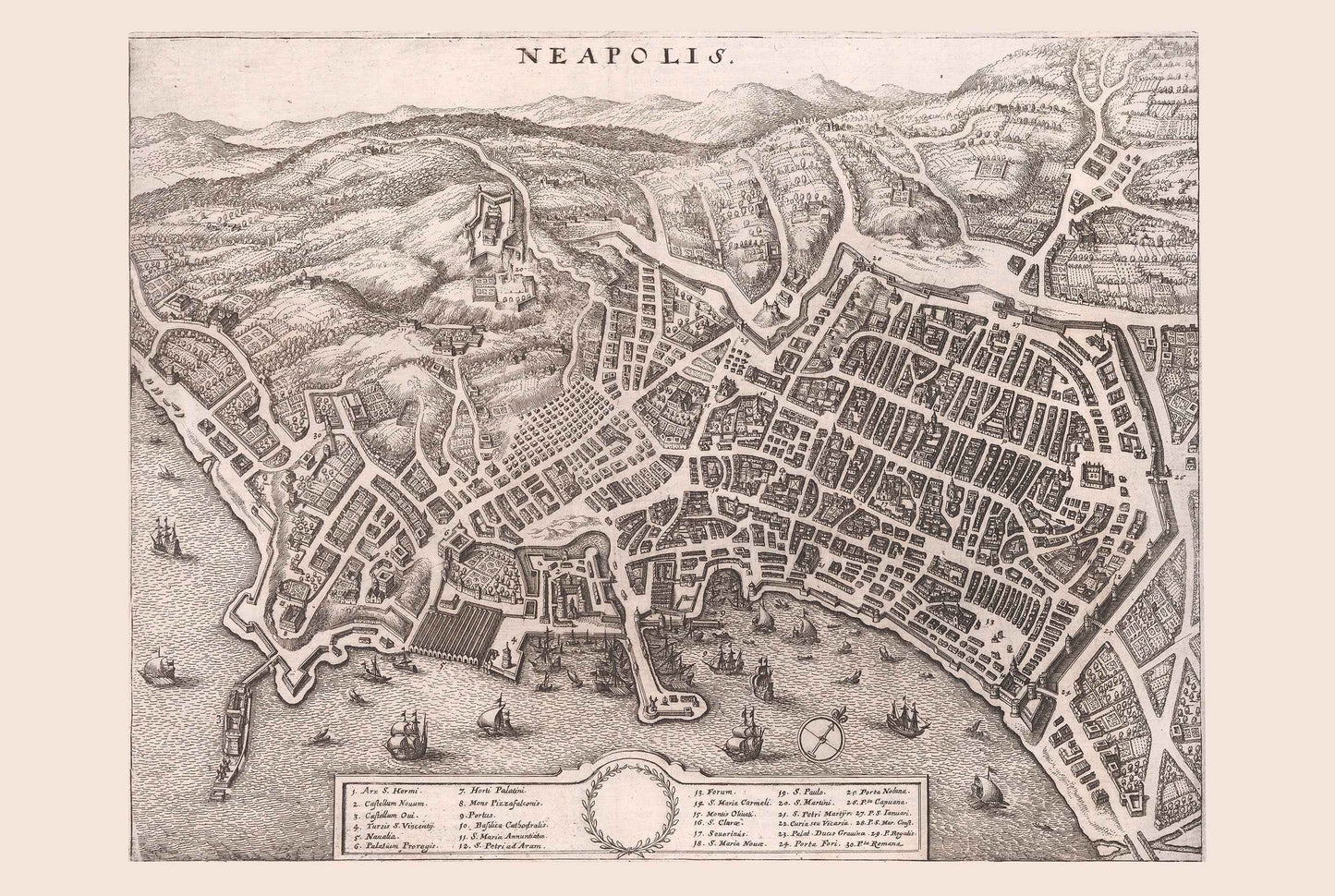 1688 Naples Map Poster - Neapolis Coastal City Plan with Harbour, Streets and Hills Detail - Strategy Maps