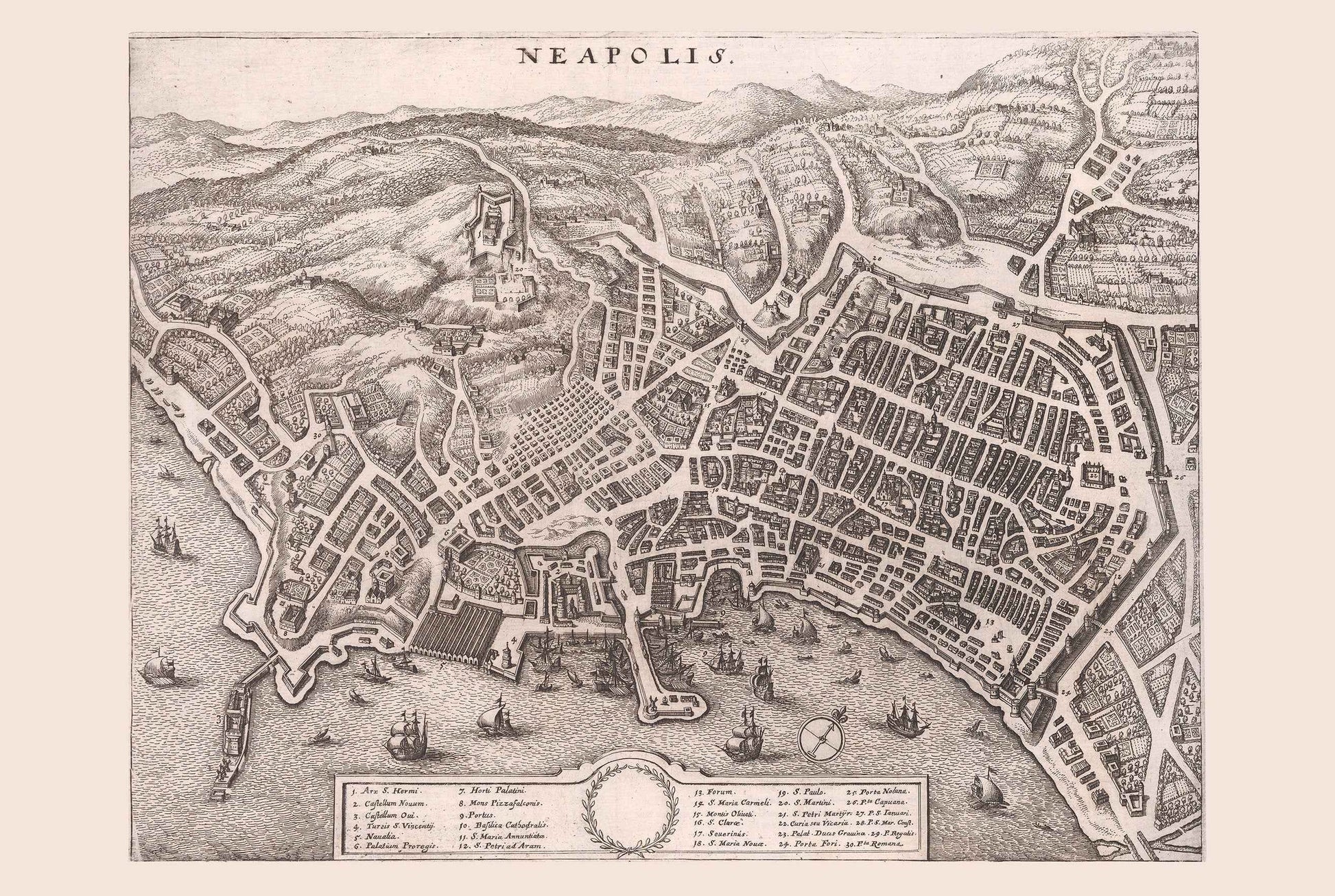 1688 Naples Map Poster - Neapolis Coastal City Plan with Harbour, Streets and Hills Detail - Strategy Maps