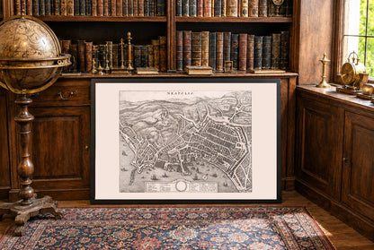 1688 Naples Map Poster - Neapolis Coastal City Plan with Harbour, Streets and Hills Detail