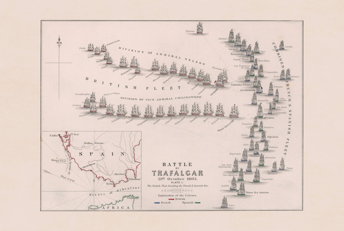 1805 Battle of Trafalgar Cartography Print - Historic Naval Map with Fleet Positions
