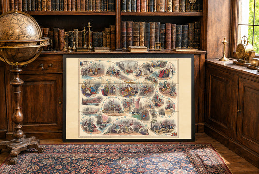 Poster carte de jeu d'histoire anglaise 1847 - Tableau éducatif illustré avec scènes historiques