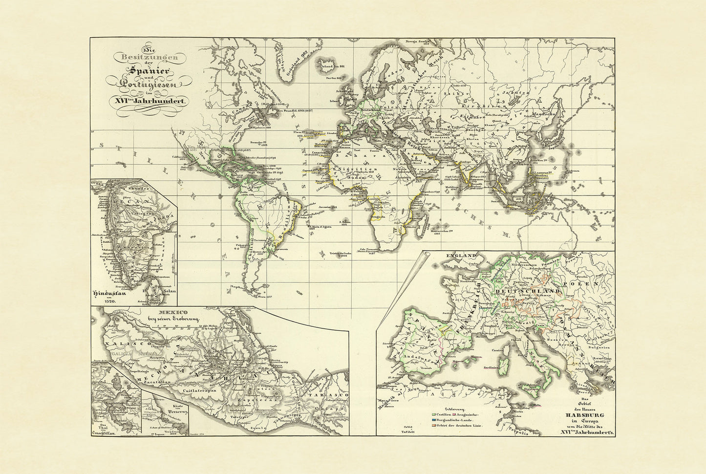 Carte de l’Empire colonial espagnol et portugais de 1854 – Impression vintage d’atlas historique