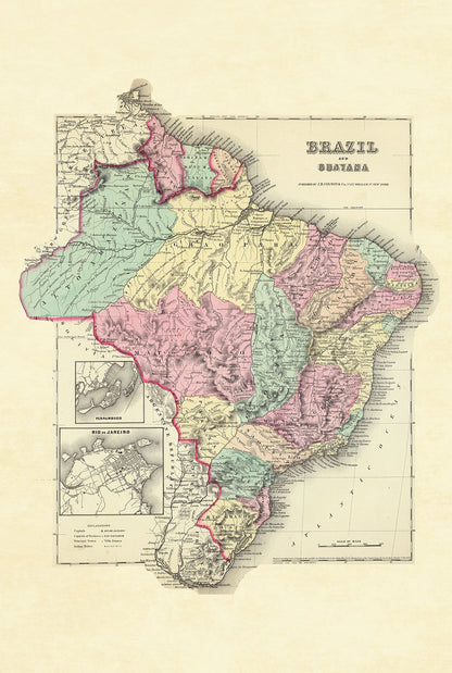 Affiche carte Brésil et Guyane 1856 - Régions enluminées avec détail de Rio de Janeiro