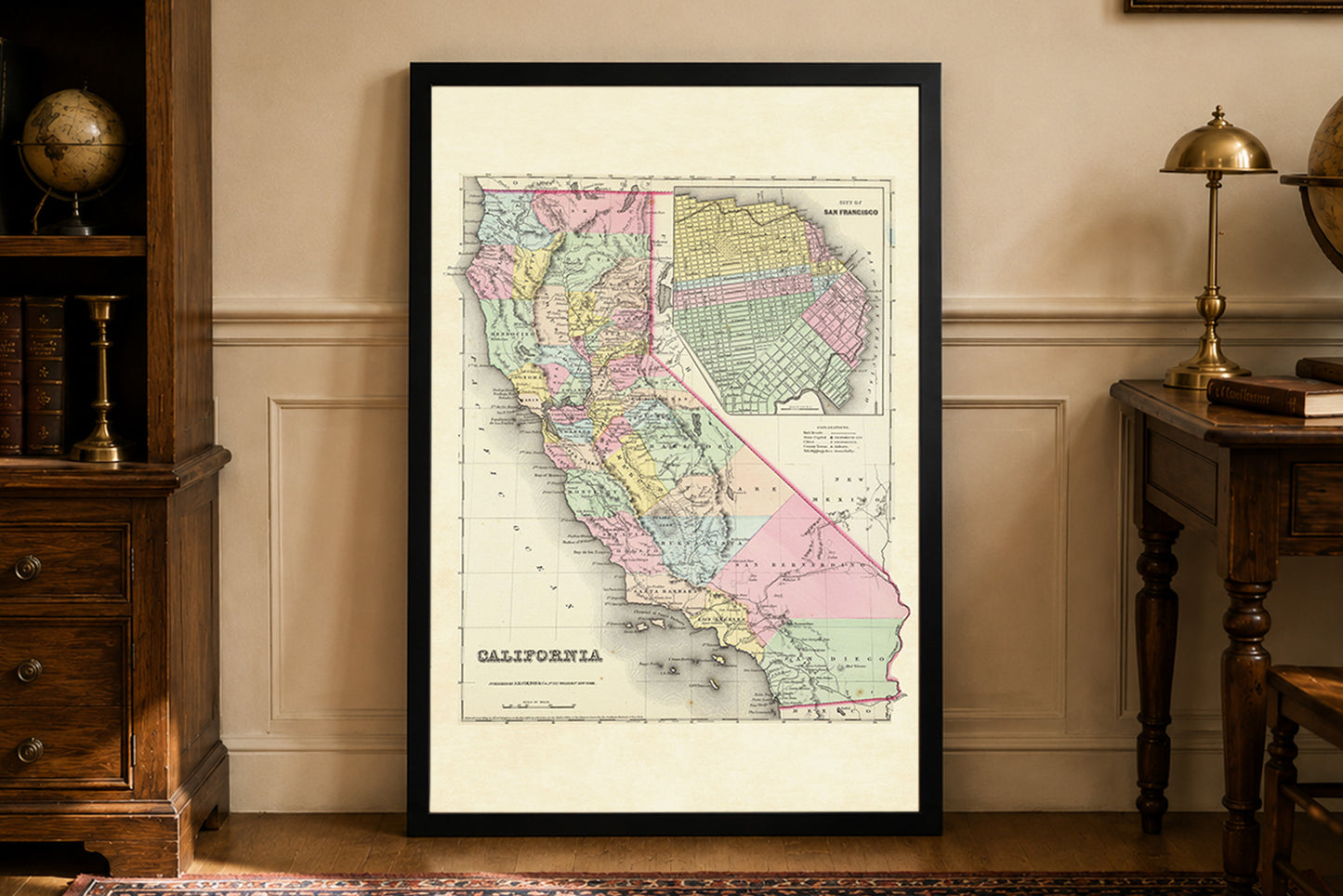 Impression cartographique californienne de 1856 - Carte vintage avec divisions de comté et encart de San Francisco
