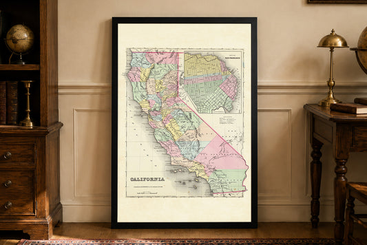 Stampa cartografica della California 1856 - Mappa vintage con divisioni delle contee e inserto di San Francisco