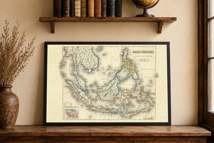 Gravure cartographique des Indes orientales de 1856 - Carte ancienne avec les frontières coloniales