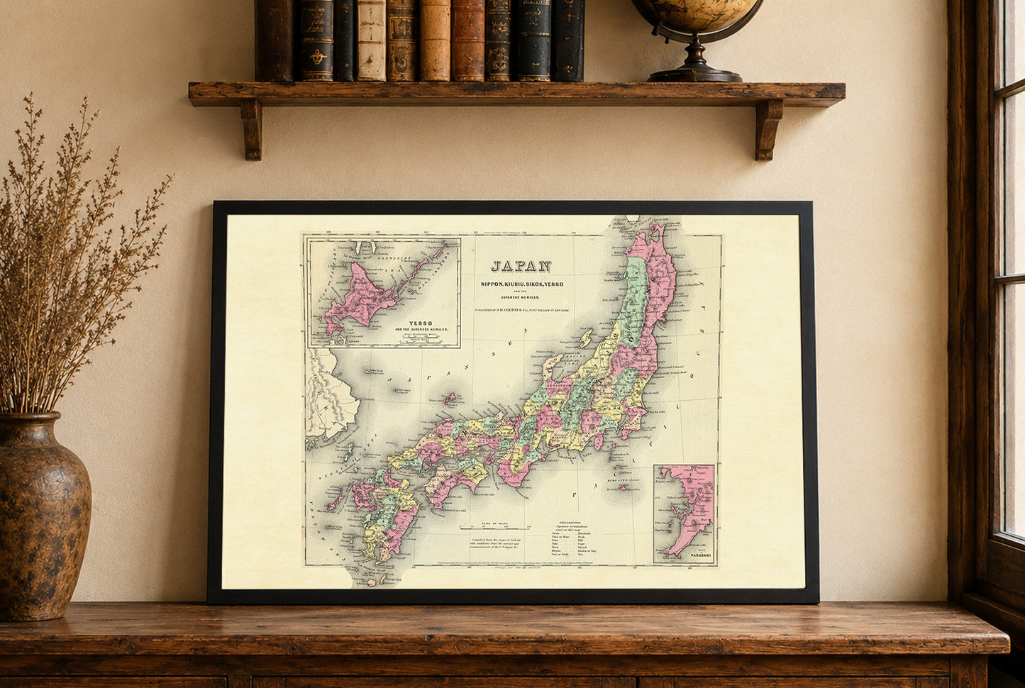 Affiche carte du Japon 1856 - Nippon avec détails Kiusiu, Sikok et Yesso, régions coloriées à la main