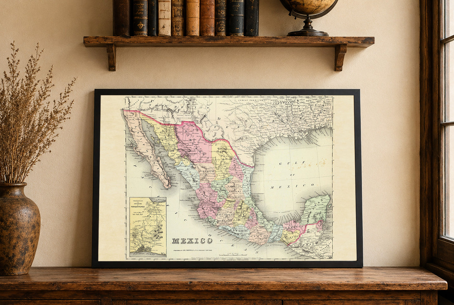 Impression cartographique du Mexique de 1856 - Carte vintage avec les frontières des États et les détails régionaux